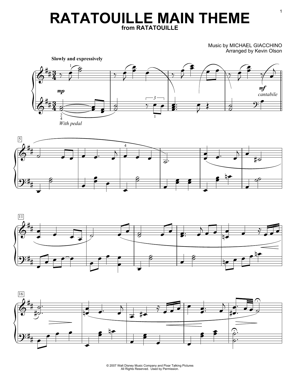 Michael Giacchino Ratatouille (Main Theme) (arr. Kevin Olson) Sheet Music Notes & Chords for Easy Piano Solo - Download or Print PDF