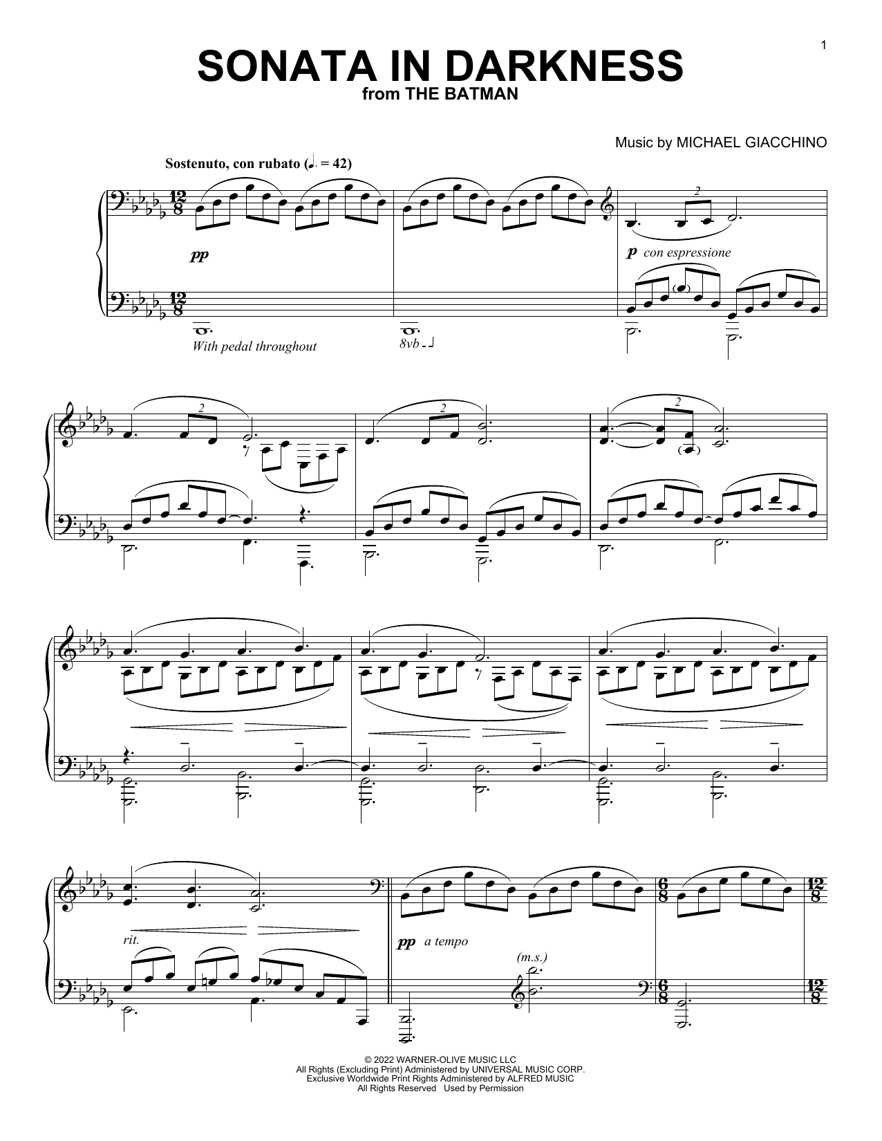 Michael Giacchino Sonata In Darkness (from The Batman) Sheet Music Notes & Chords for Piano Solo - Download or Print PDF