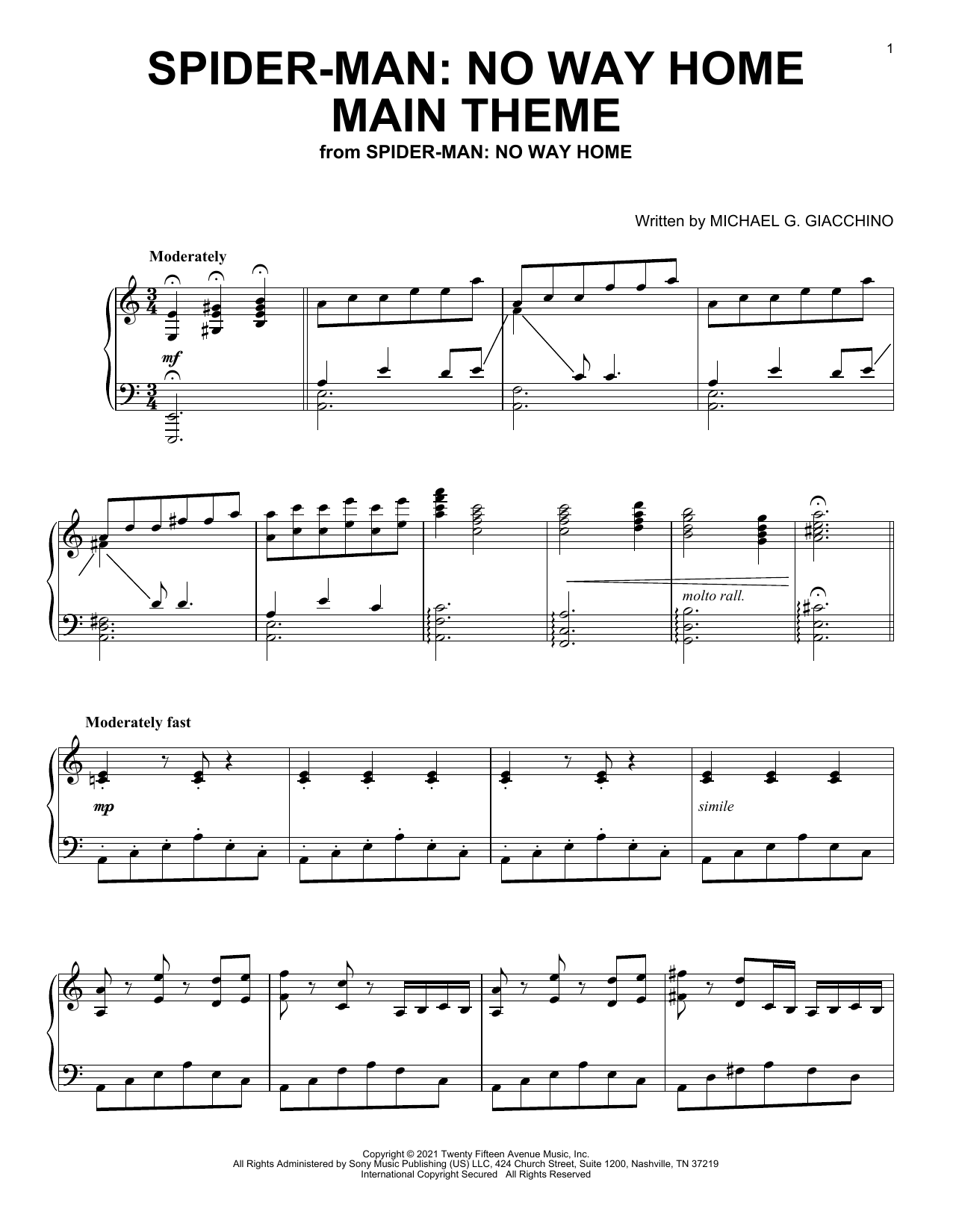 Michael Giacchino Spider-Man: No Way Home Main Theme (from Spider-Man: No Way Home) Sheet Music Notes & Chords for Piano Solo - Download or Print PDF