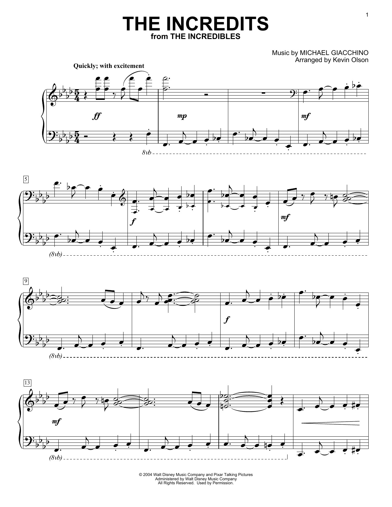 Michael Giacchino The Incredits (from The Incredibles) (arr. Kevin Olson) Sheet Music Notes & Chords for Easy Piano Solo - Download or Print PDF
