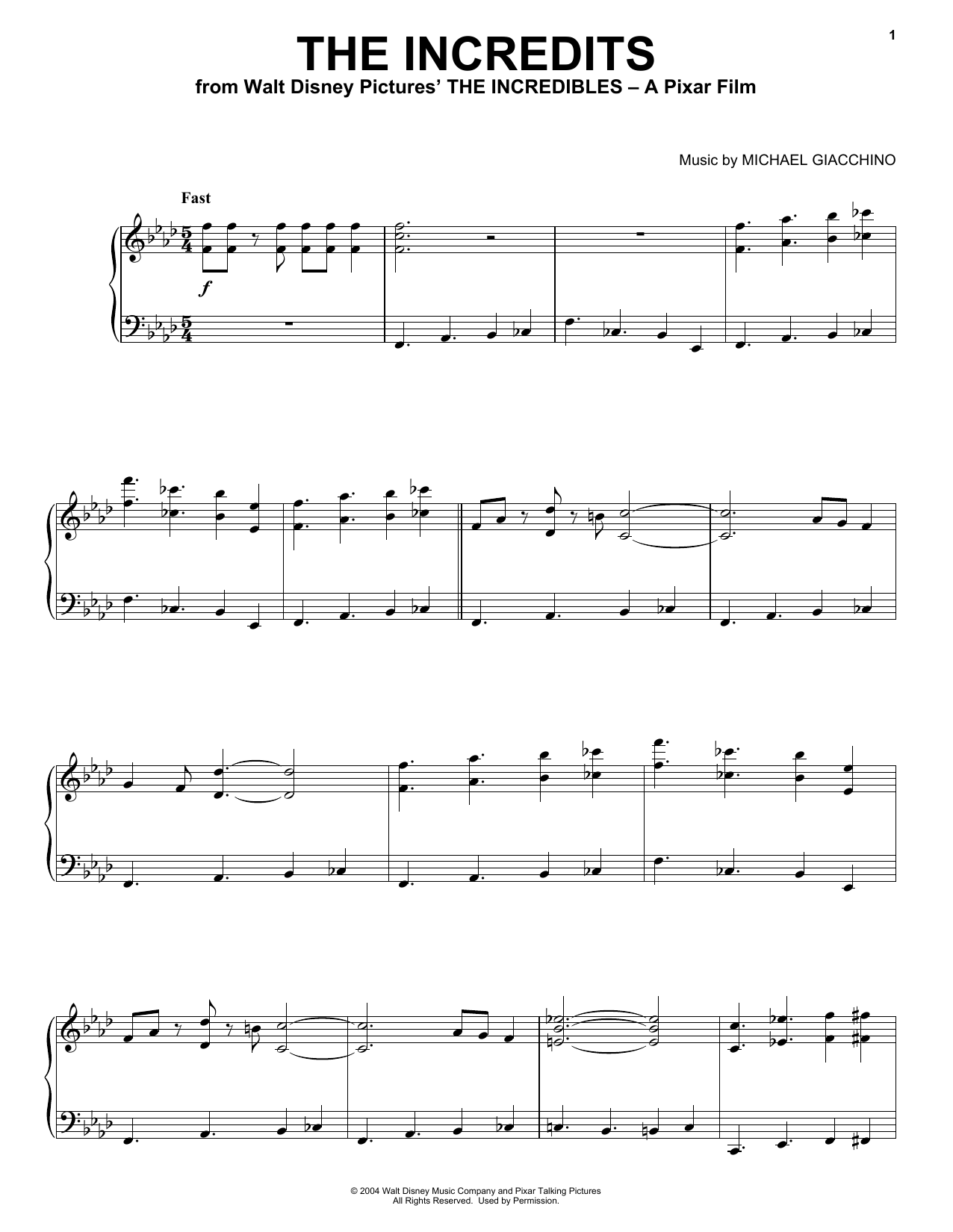 Michael Giacchino The Incredits Sheet Music Notes & Chords for Piano - Download or Print PDF