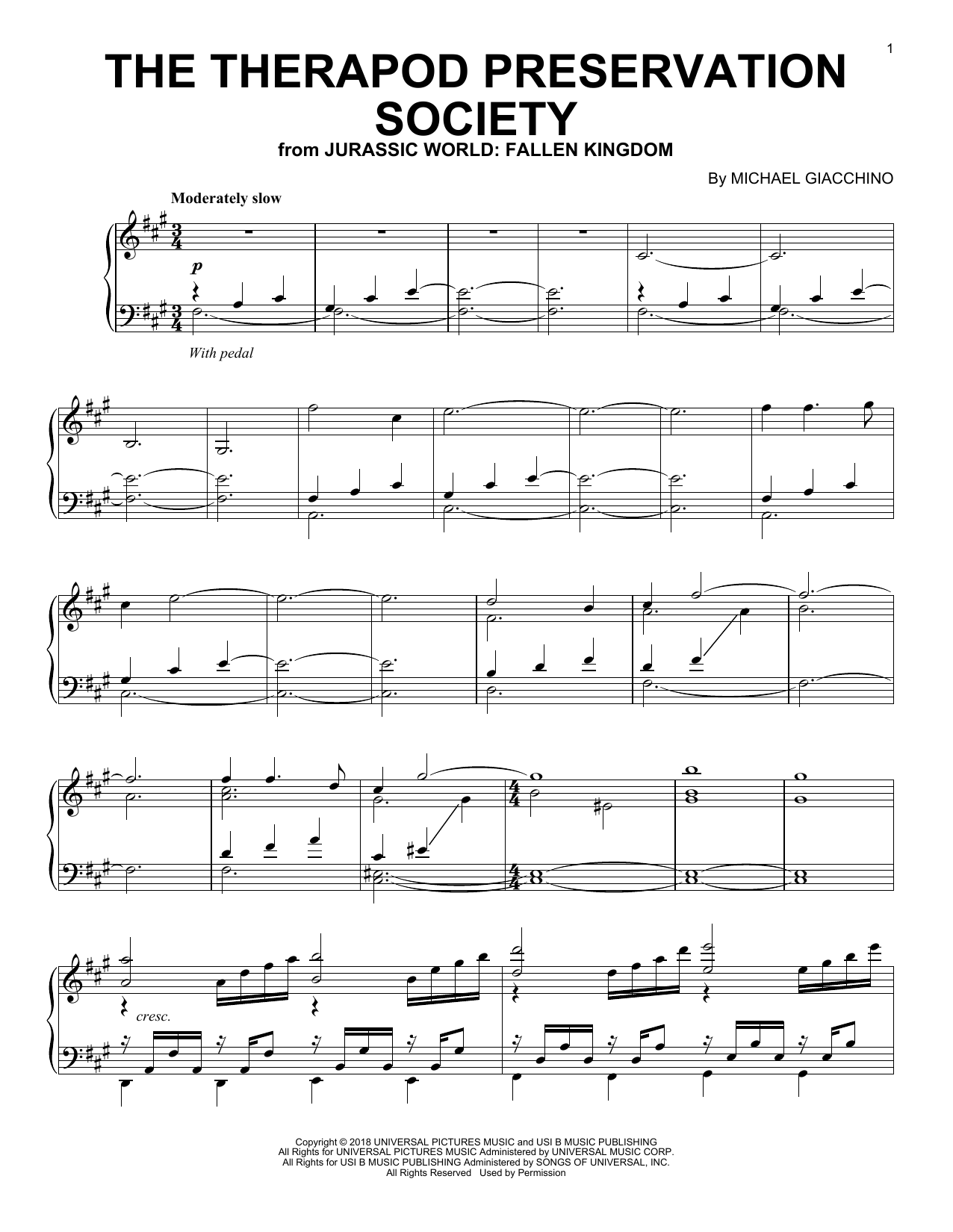 Michael Giacchino The Theropod Preservation Society (from Jurassic World: Fallen Kingdom) Sheet Music Notes & Chords for Piano - Download or Print PDF