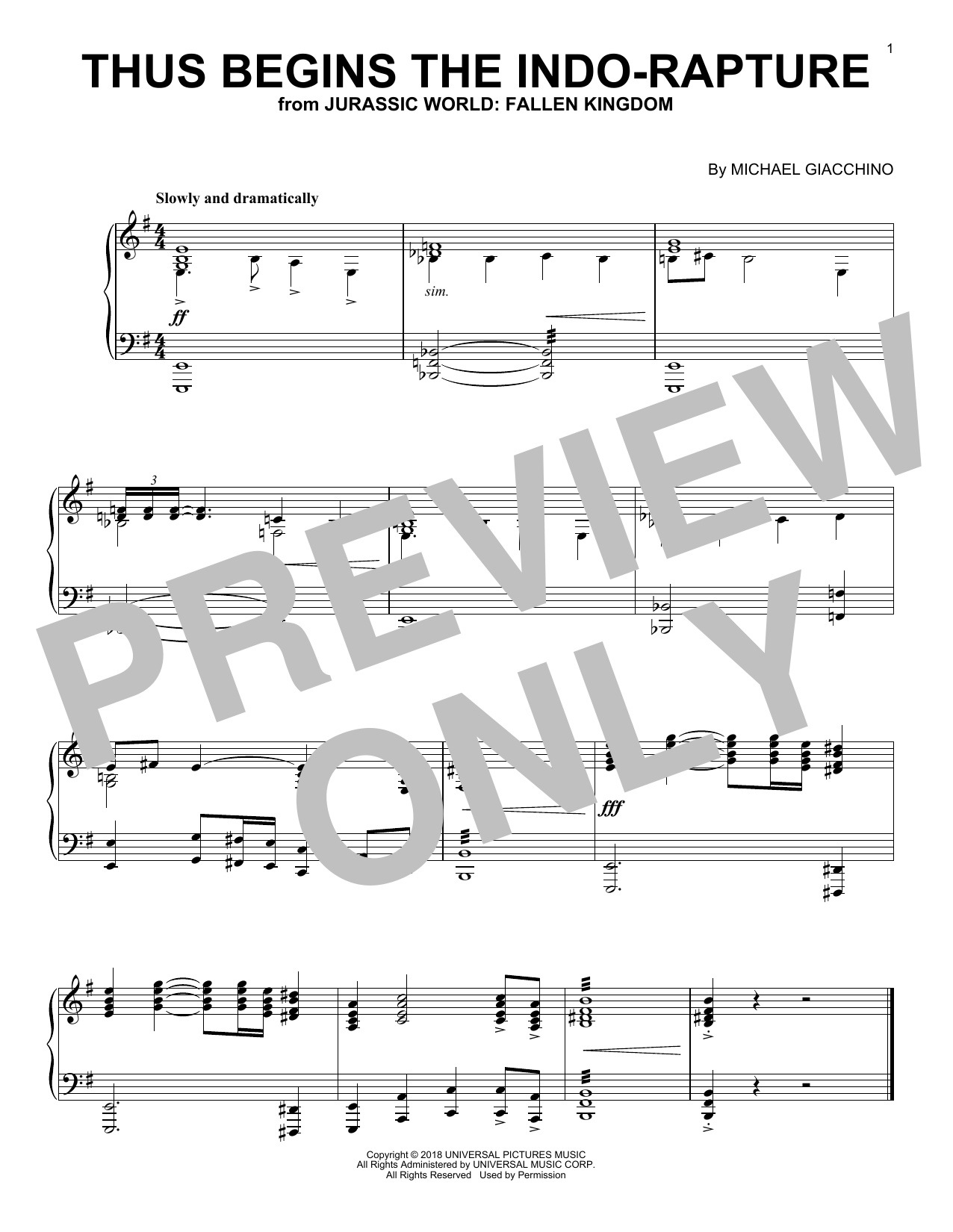 Michael Giacchino Thus Begins The Indo-Rapture (from Jurassic World: Fallen Kingdom) Sheet Music Notes & Chords for Piano - Download or Print PDF