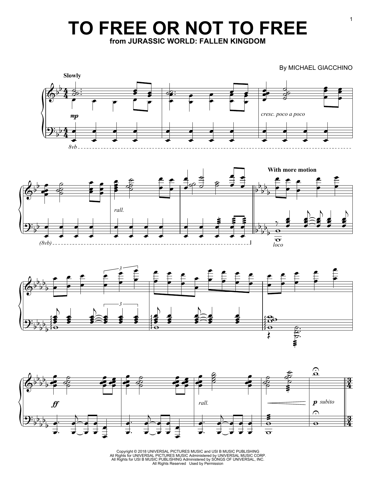 Michael Giacchino To Free Or Not To Free (from Jurassic World: Fallen Kingdom) Sheet Music Notes & Chords for Piano - Download or Print PDF