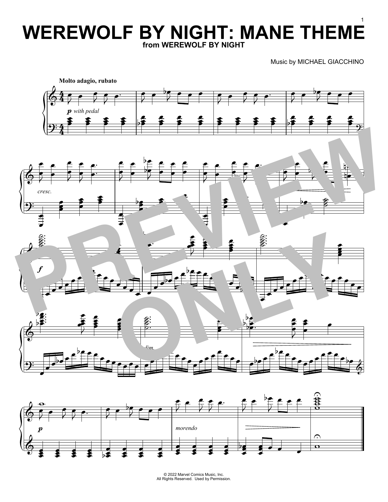 Michael Giacchino WEREWOLF BY NIGHT: MANE THEME Sheet Music Notes & Chords for Piano Solo - Download or Print PDF