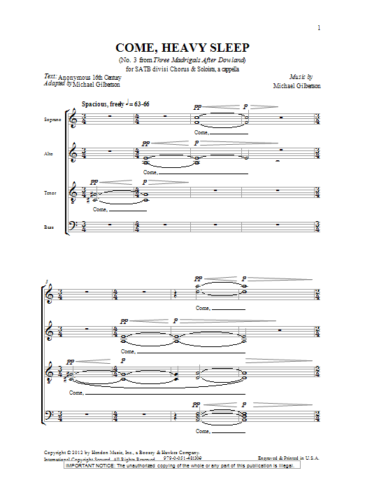 Michael Gilbertson Come, Heavy Sleep Sheet Music Notes & Chords for SATB - Download or Print PDF
