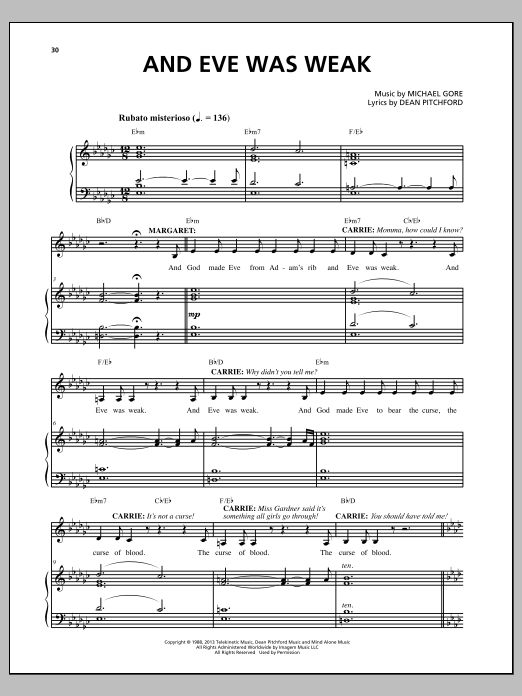 Michael Gore And Eve Was Weak (from Carrie The Musical) Sheet Music Notes & Chords for Piano & Vocal - Download or Print PDF Michael Gore And Eve Was Weak (from Carrie The Musical) Sheet Music Notes & Chords for Piano & Vocal - Download or Print PDF