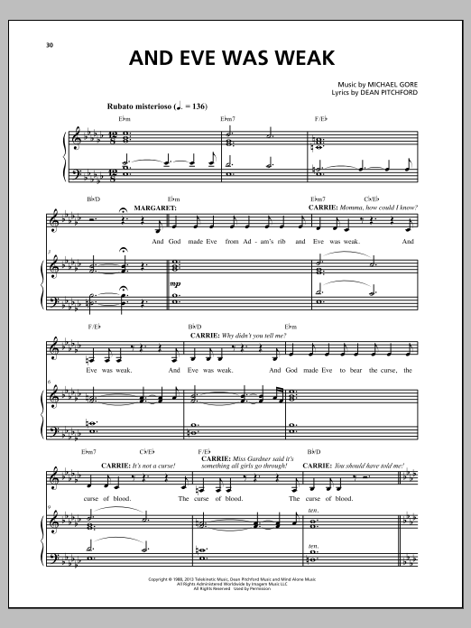 Michael Gore And Eve Was Weak (from Carrie The Musical) Sheet Music Notes & Chords for Piano & Vocal - Download or Print PDF