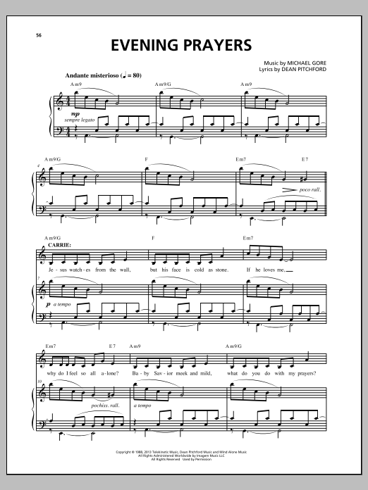 Michael Gore Evening Prayers (from Carrie The Musical) Sheet Music Notes & Chords for Piano & Vocal - Download or Print PDF
