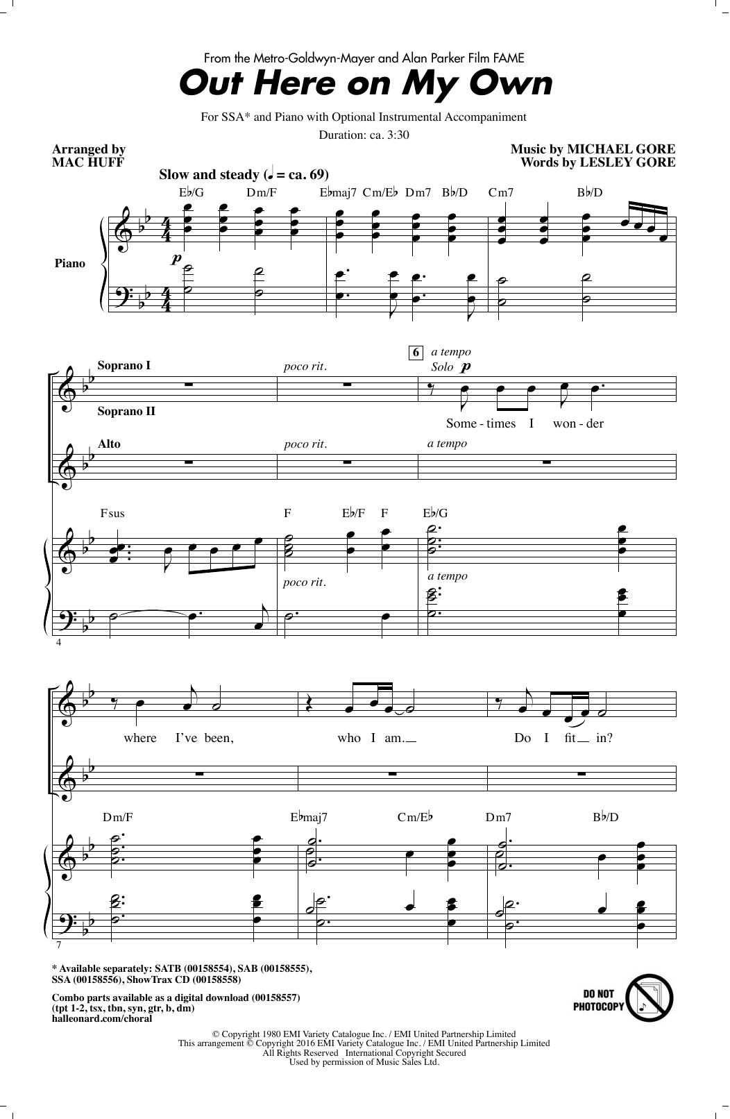 Michael Gore Out Here On My Own (from Fame) (arr. Mac Huff) Sheet Music Notes & Chords for SAB - Download or Print PDF