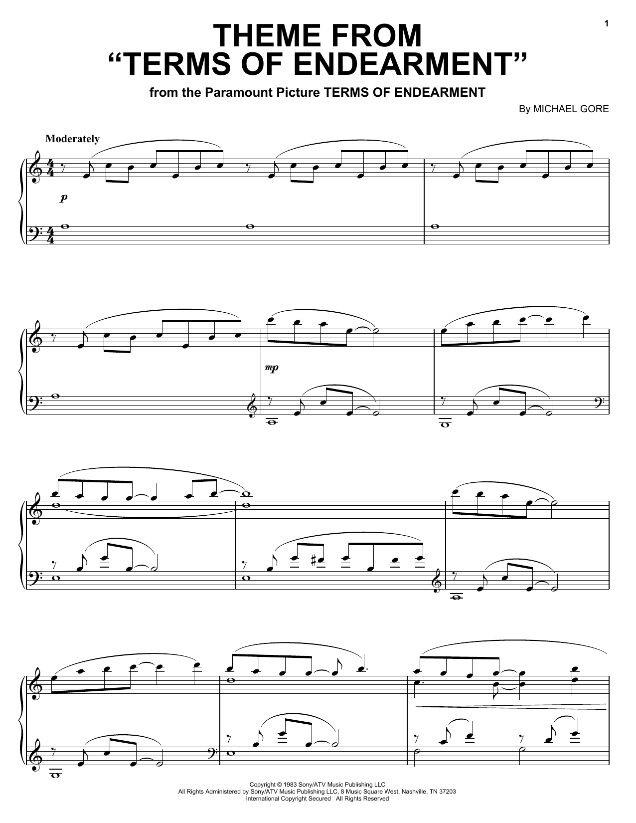 Michael Gore Theme from Terms Of Endearment Sheet Music Notes & Chords for Piano - Download or Print PDF