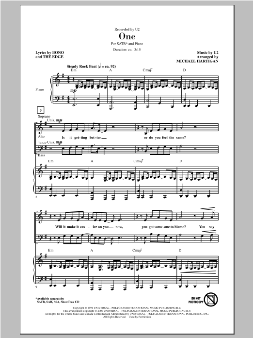 U2 One (arr. Michael Hartigan) Sheet Music Notes & Chords for SATB - Download or Print PDF