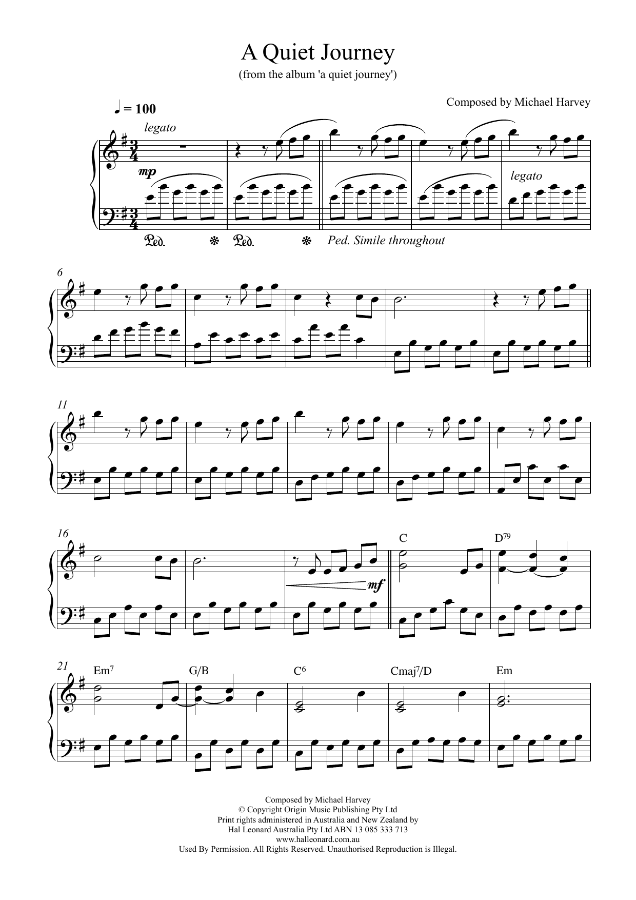 Michael Harvey A Quiet Journey Sheet Music Notes & Chords for Piano - Download or Print PDF