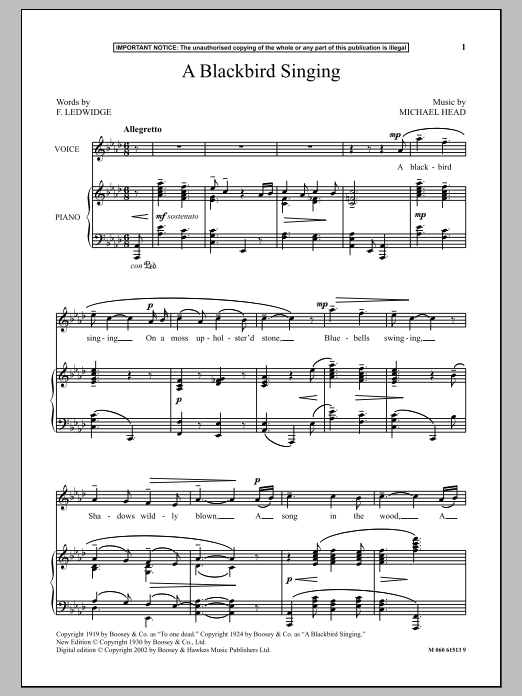 Michael Head A Blackbird Singing Sheet Music Notes & Chords for Piano & Vocal - Download or Print PDF Michael Head A Blackbird Singing Sheet Music Notes & Chords for Piano & Vocal - Download or Print PDF