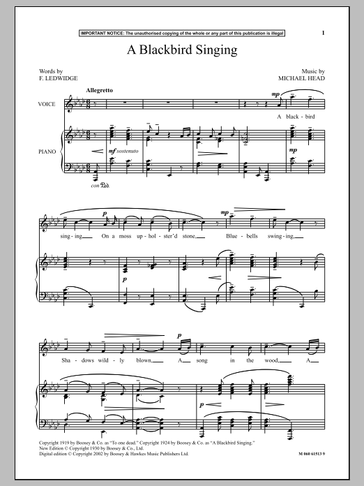 Michael Head A Blackbird Singing Sheet Music Notes & Chords for Piano & Vocal - Download or Print PDF