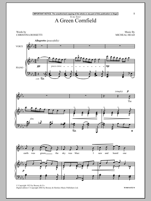 Michael Head A Green Cornfield Sheet Music Notes & Chords for Piano - Download or Print PDF