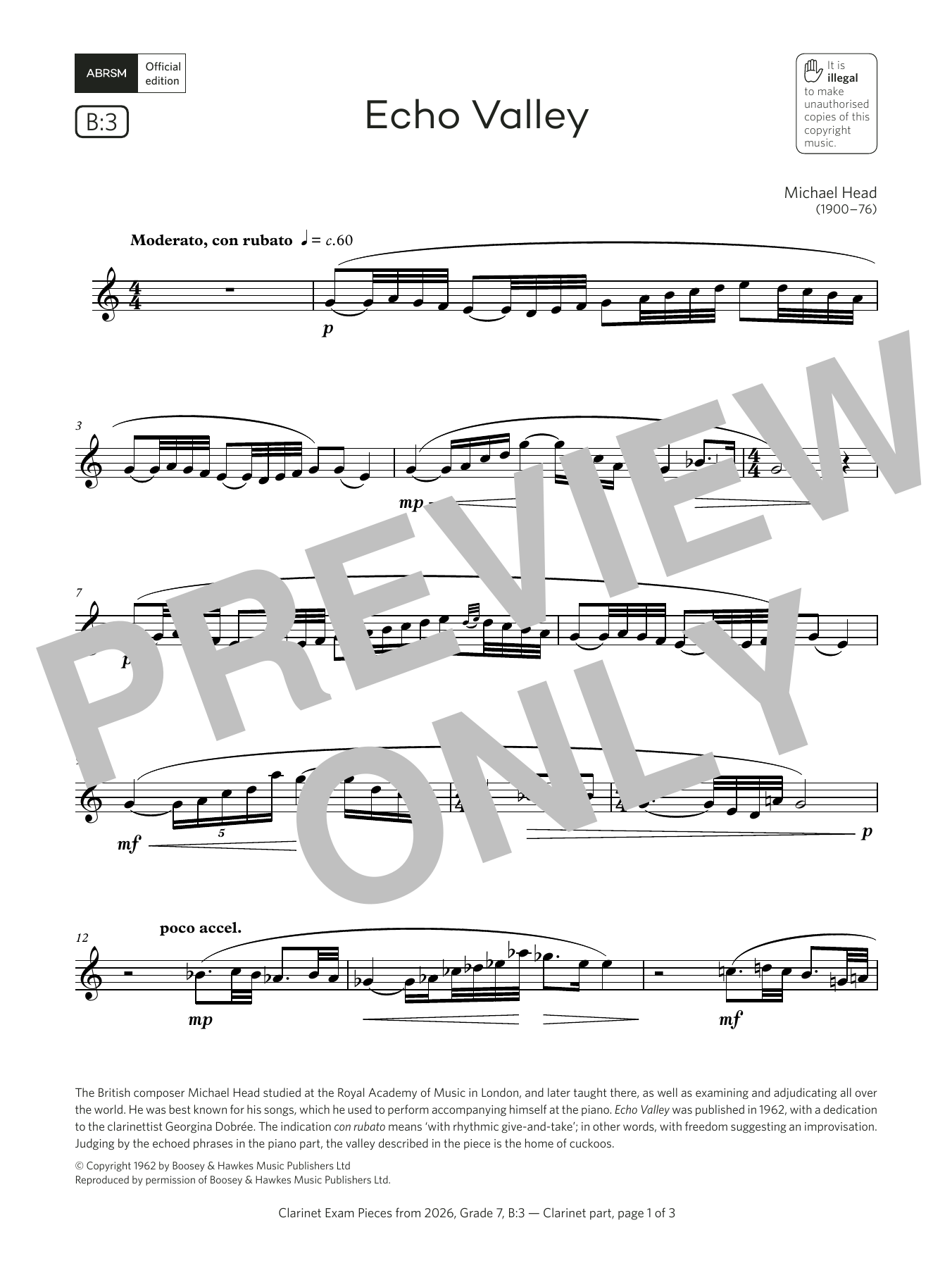 Michael Head Echo Valley (Grade 7, list B3, from the ABRSM Clarinet Syllabus from 2026) Sheet Music Notes & Chords for Clarinet Solo - Download or Print PDF Michael Head Echo Valley (Grade 7, list B3, from the ABRSM Clarinet Syllabus from 2026) Sheet Music Notes & Chords for Clarinet Solo - Download or Print PDF