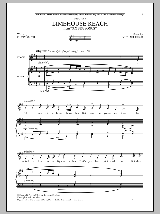 Michael Head Limehouse Reach (from Six Sea Songs) Sheet Music Notes & Chords for Piano - Download or Print PDF
