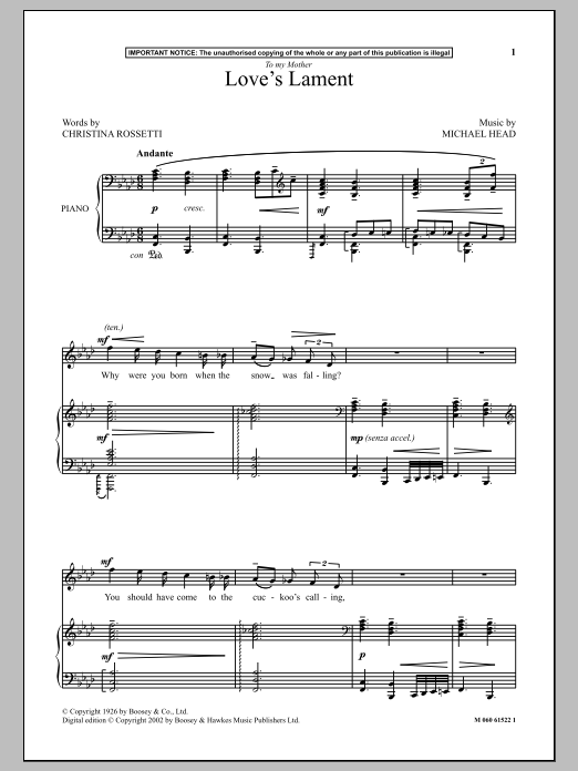 Michael Head Love's Lament Sheet Music Notes & Chords for Piano - Download or Print PDF