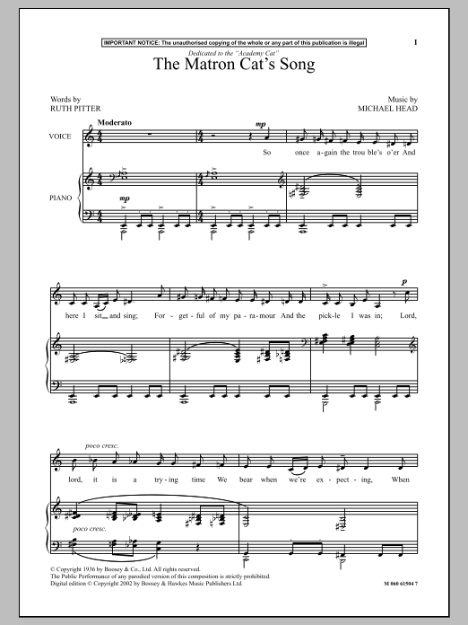 Michael Head The Matron Cat's Song Sheet Music Notes & Chords for Piano - Download or Print PDF