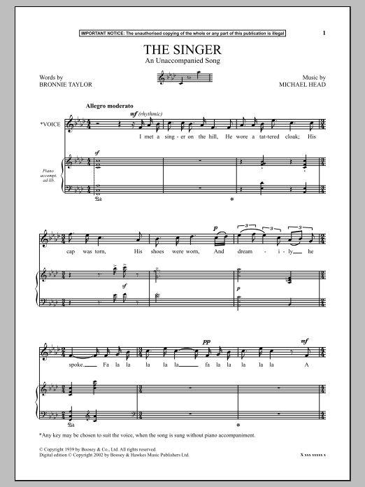 Michael Head The Singer (An Unaccompanied Song) Sheet Music Notes & Chords for Piano - Download or Print PDF