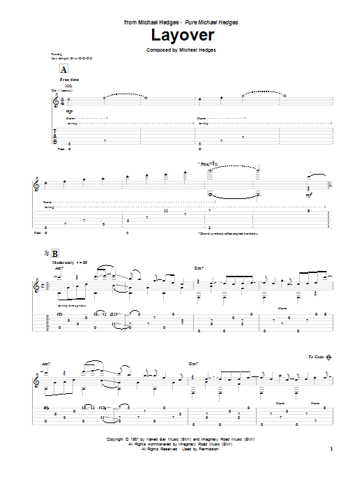 Michael Hedges Layover Sheet Music Notes & Chords for Guitar Tab - Download or Print PDF