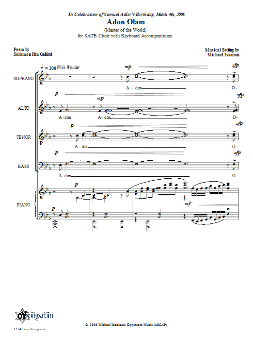 Michael Isaacson Adon Olam Sheet Music Notes & Chords for SATB - Download or Print PDF