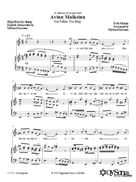 Michael Isaacson Avinu Malkeinu Sheet Music Notes & Chords for Piano - Download or Print PDF