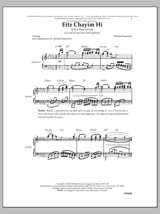 Michael Isaacson Eitz Chayim Hi Sheet Music Notes & Chords for Choral - Download or Print PDF