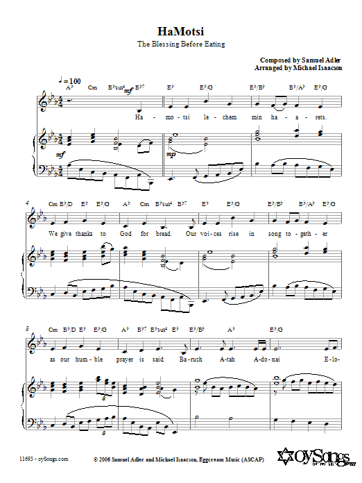 Michael Isaacson HaMotsi Sheet Music Notes & Chords for Piano, Vocal & Guitar (Right-Hand Melody) - Download or Print PDF