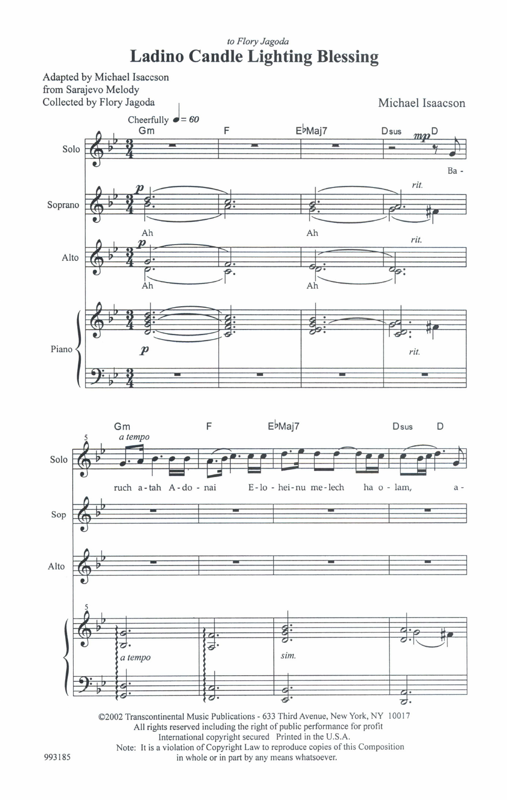 Michael Isaacson Ladino Candle Blessing Sheet Music Notes & Chords for Choir - Download or Print PDF
