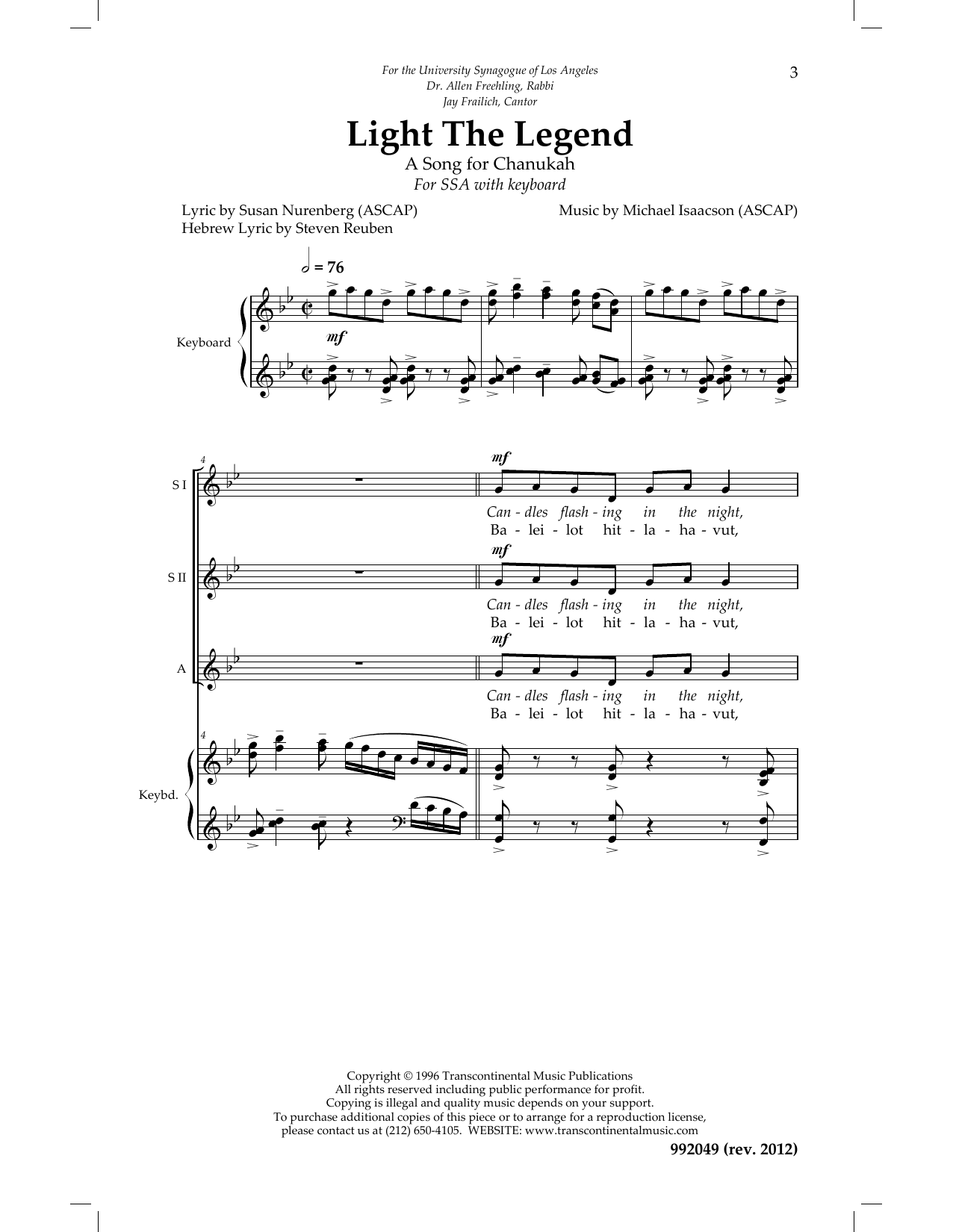 Michael Isaacson Light The Legend Sheet Music Notes & Chords for SSA - Download or Print PDF