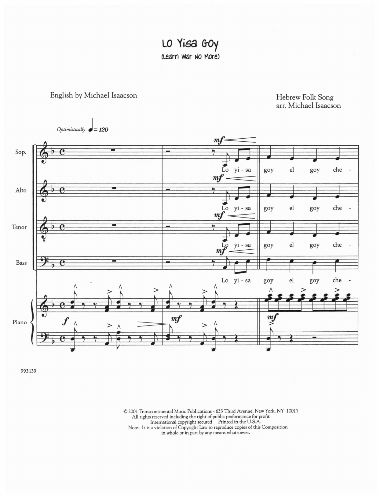 Michael Isaacson Lo Yisa Goy (Learn War No More) Sheet Music Notes & Chords for SATB - Download or Print PDF