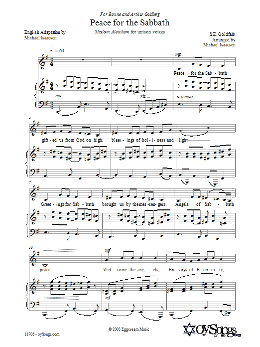 Michael Isaacson Peace for the Sabbath Sheet Music Notes & Chords for Piano - Download or Print PDF