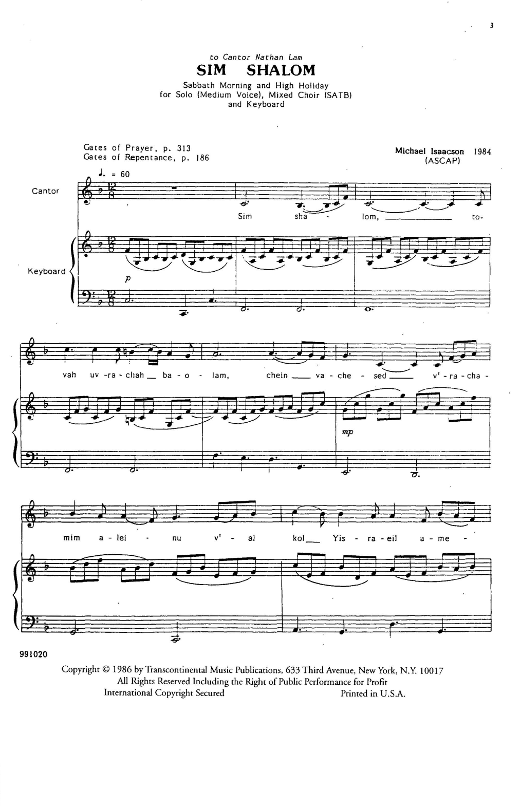 Michael Isaacson Sim Shalom (Grant Us Peace) Sheet Music Notes & Chords for SATB Choir - Download or Print PDF