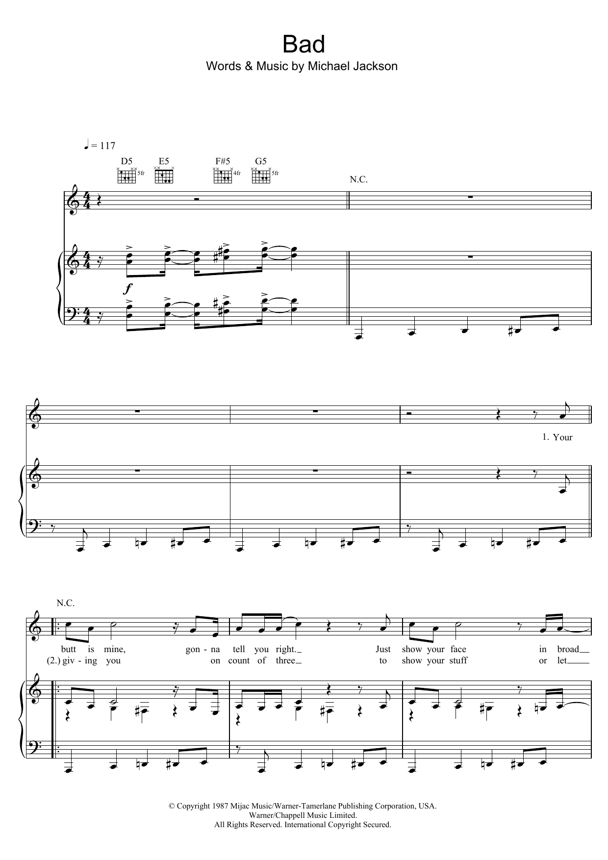 Michael Jackson Bad Sheet Music Notes & Chords for Piano, Vocal & Guitar (Right-Hand Melody) - Download or Print PDF
