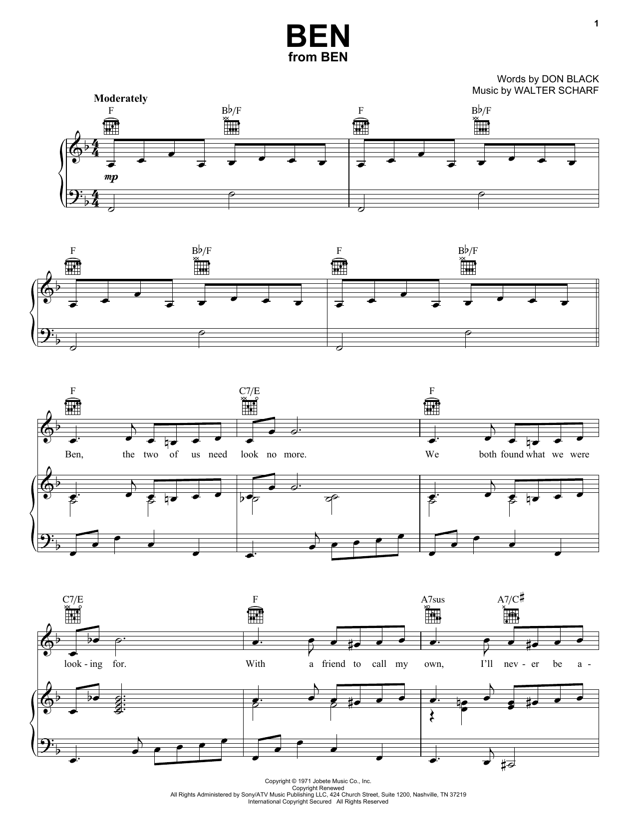 Michael Jackson Ben Sheet Music Notes & Chords for Piano, Vocal & Guitar (Right-Hand Melody) - Download or Print PDF