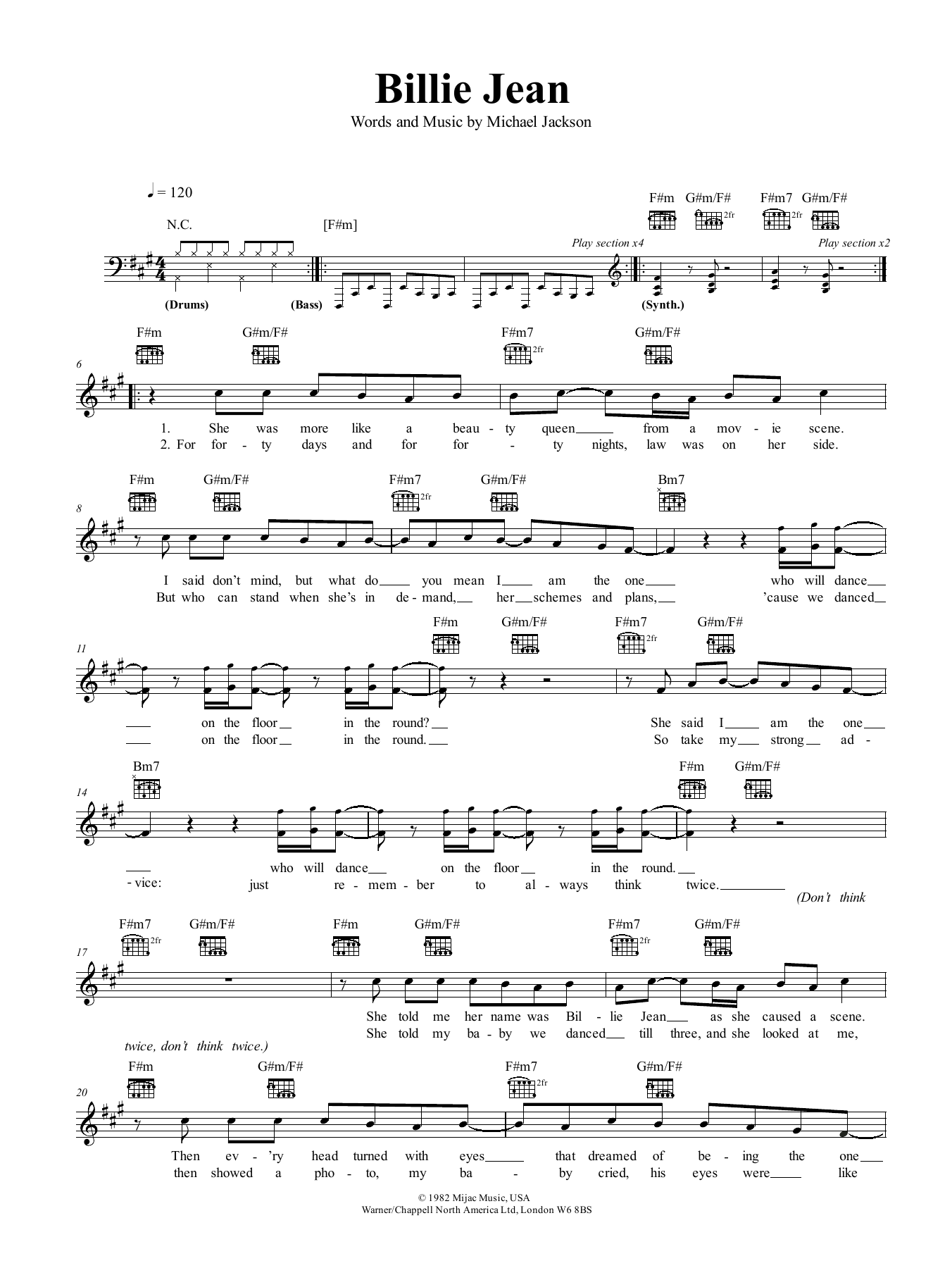 Michael Jackson Billie Jean Sheet Music Notes & Chords for Piano, Vocal & Guitar (Right-Hand Melody) - Download or Print PDF