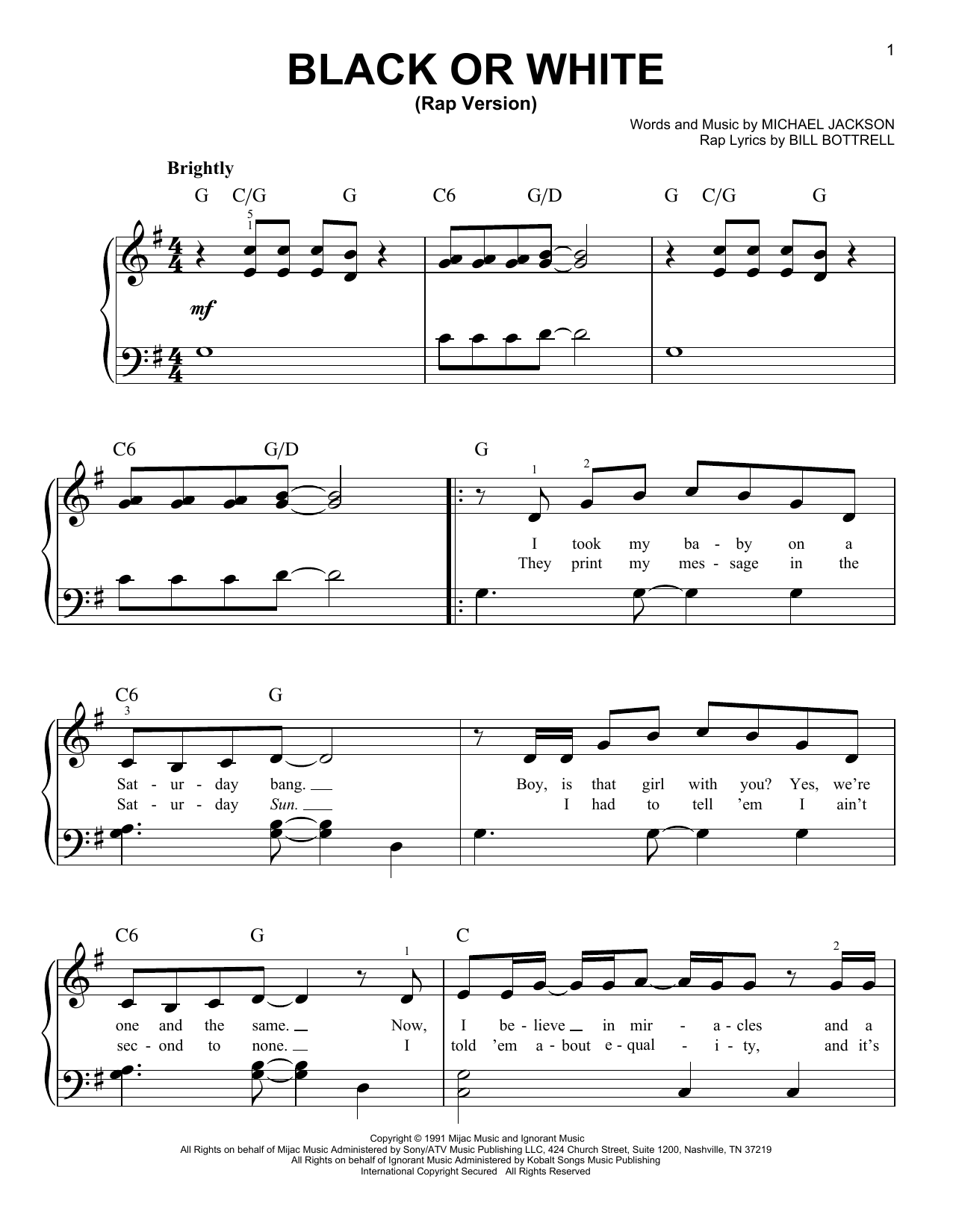 Michael Jackson Black Or White (Rap Version) Sheet Music Notes & Chords for Easy Piano - Download or Print PDF