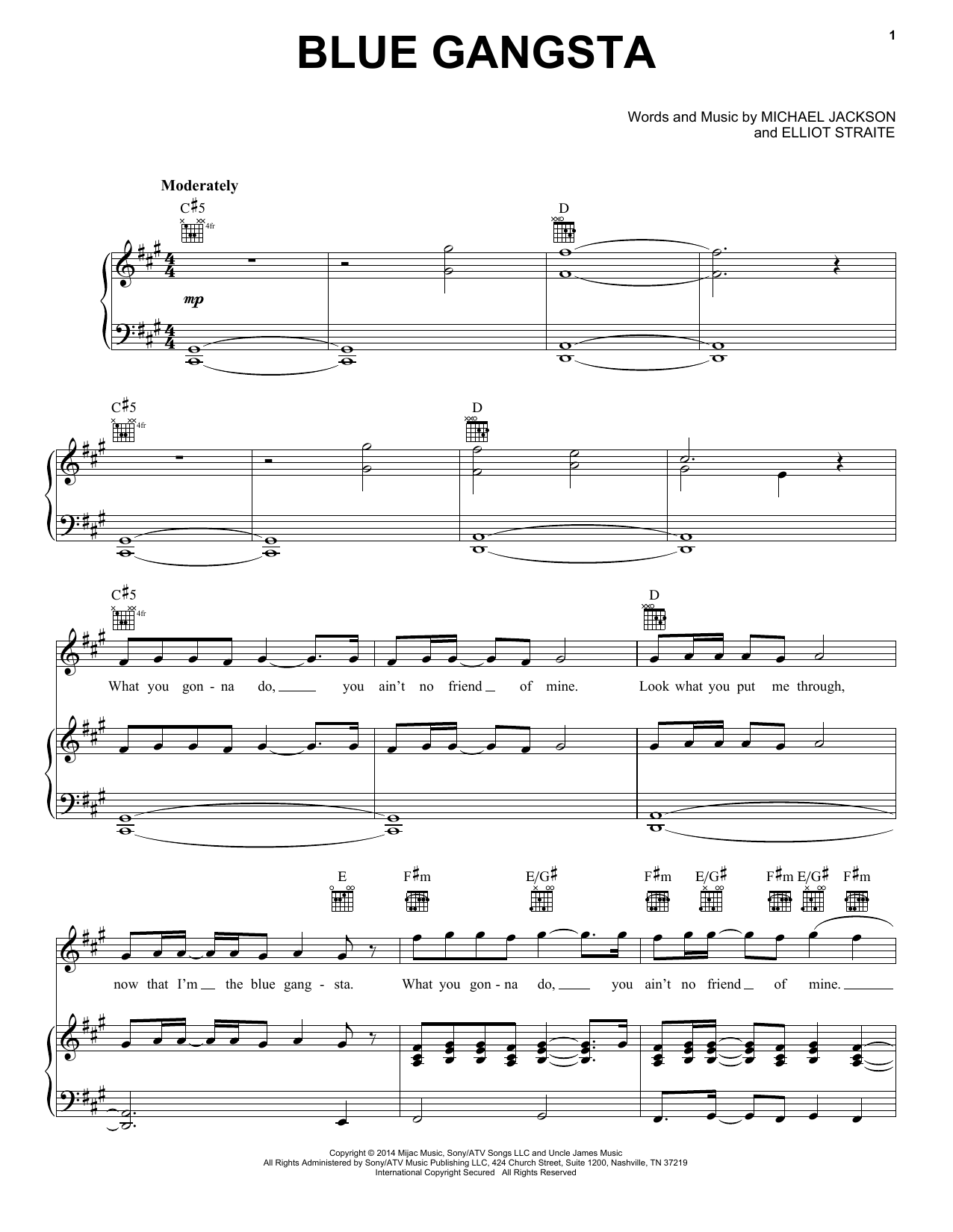 Michael Jackson Blue Gangsta Sheet Music Notes & Chords for Piano, Vocal & Guitar (Right-Hand Melody) - Download or Print PDF
