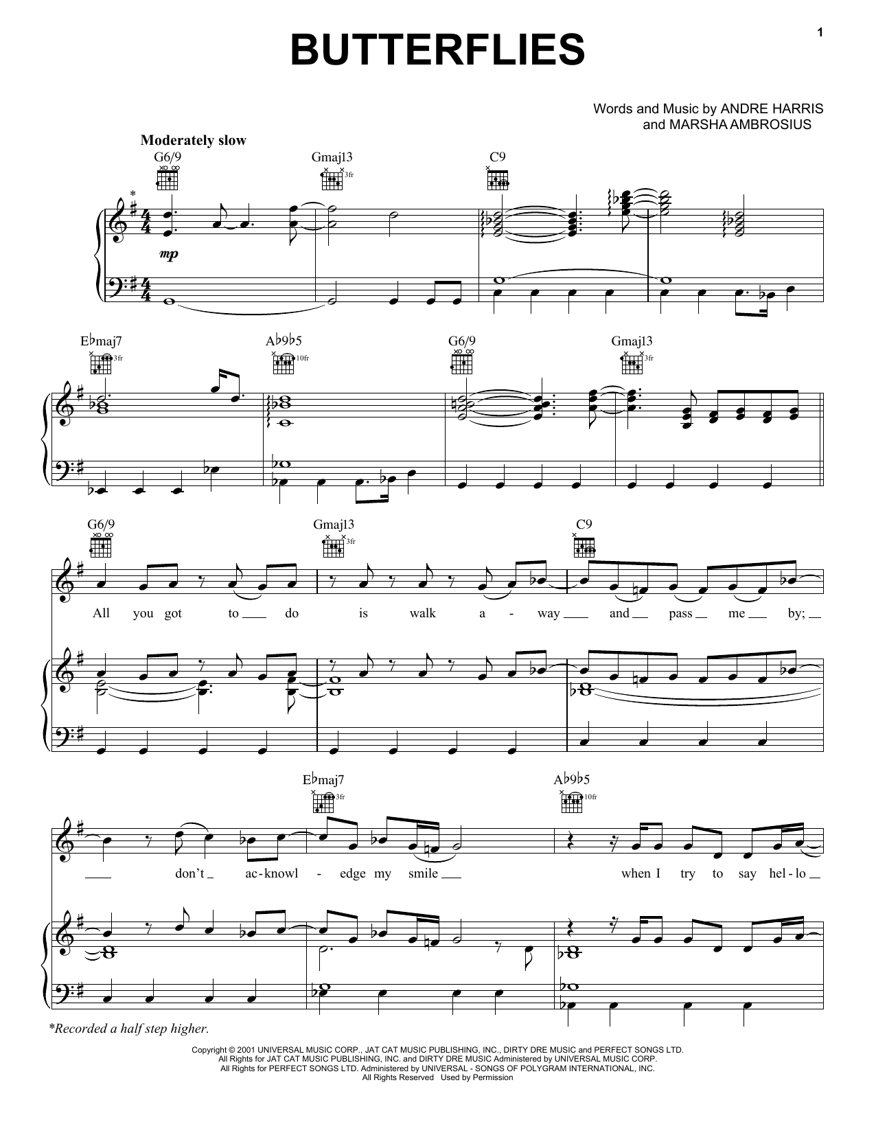 Michael Jackson Butterflies Sheet Music Notes & Chords for Piano, Vocal & Guitar Chords (Right-Hand Melody) - Download or Print PDF