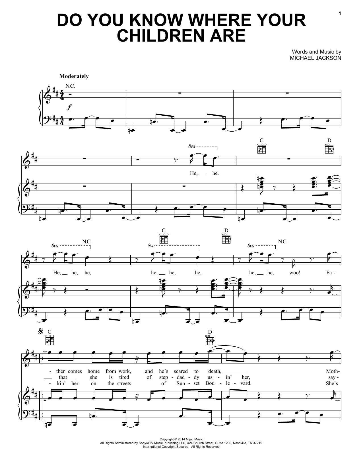 Michael Jackson Do You Know Where Your Children Are Sheet Music Notes & Chords for Piano, Vocal & Guitar (Right-Hand Melody) - Download or Print PDF