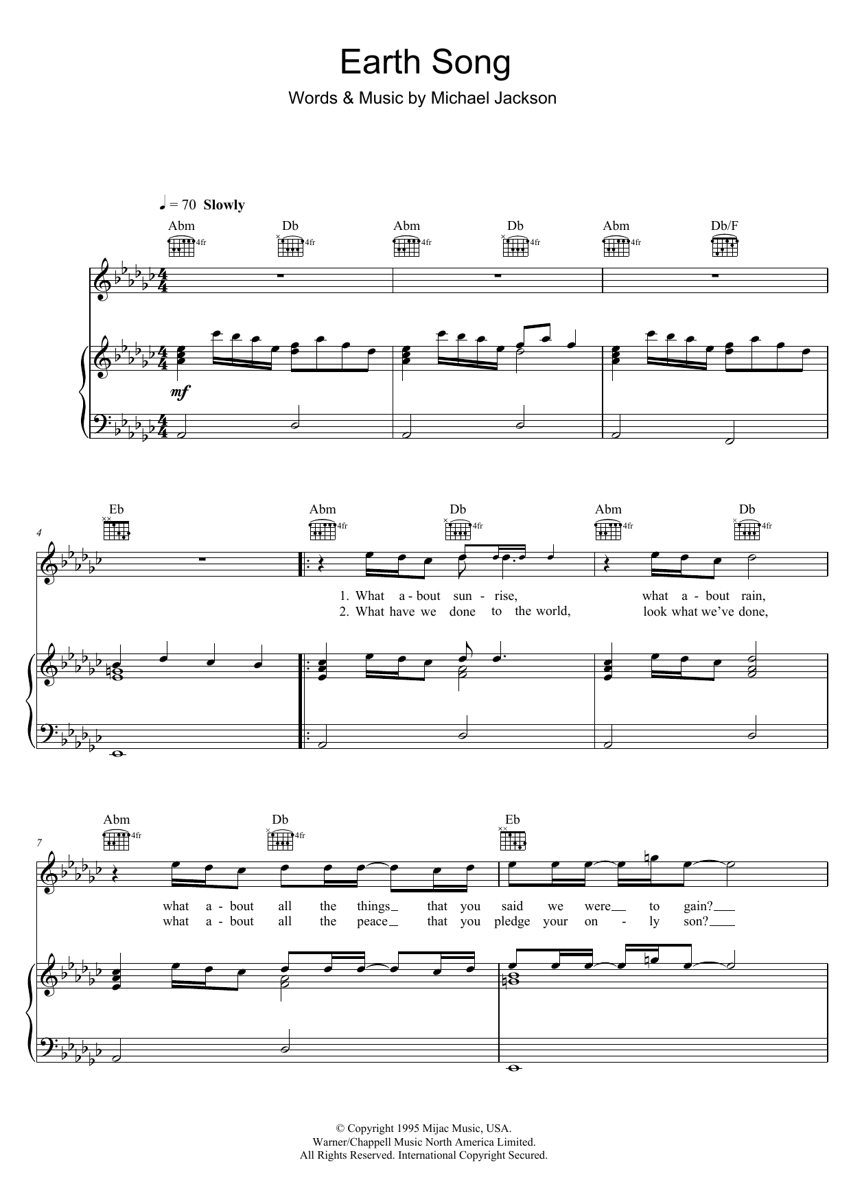 Michael Jackson Earth Song Sheet Music Notes & Chords for Piano, Vocal & Guitar (Right-Hand Melody) - Download or Print PDF