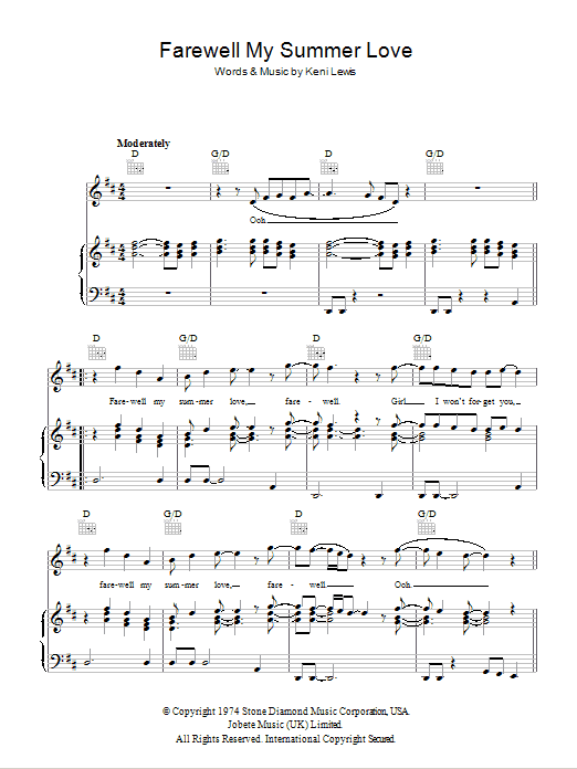 Michael Jackson Farewell My Summer Love Sheet Music Notes & Chords for Piano, Vocal & Guitar (Right-Hand Melody) - Download or Print PDF