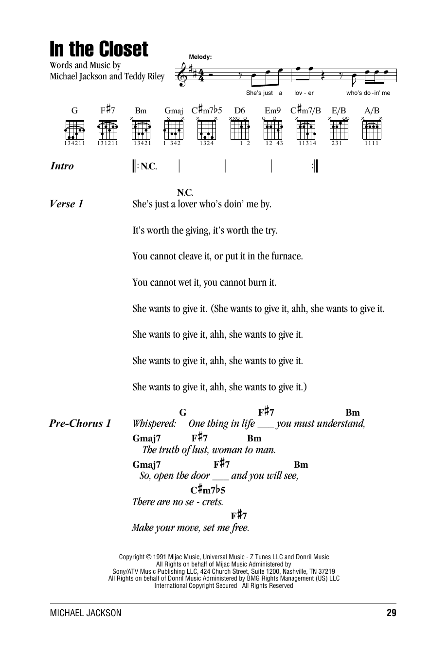Michael Jackson In The Closet Sheet Music Notes & Chords for Lyrics & Chords - Download or Print PDF