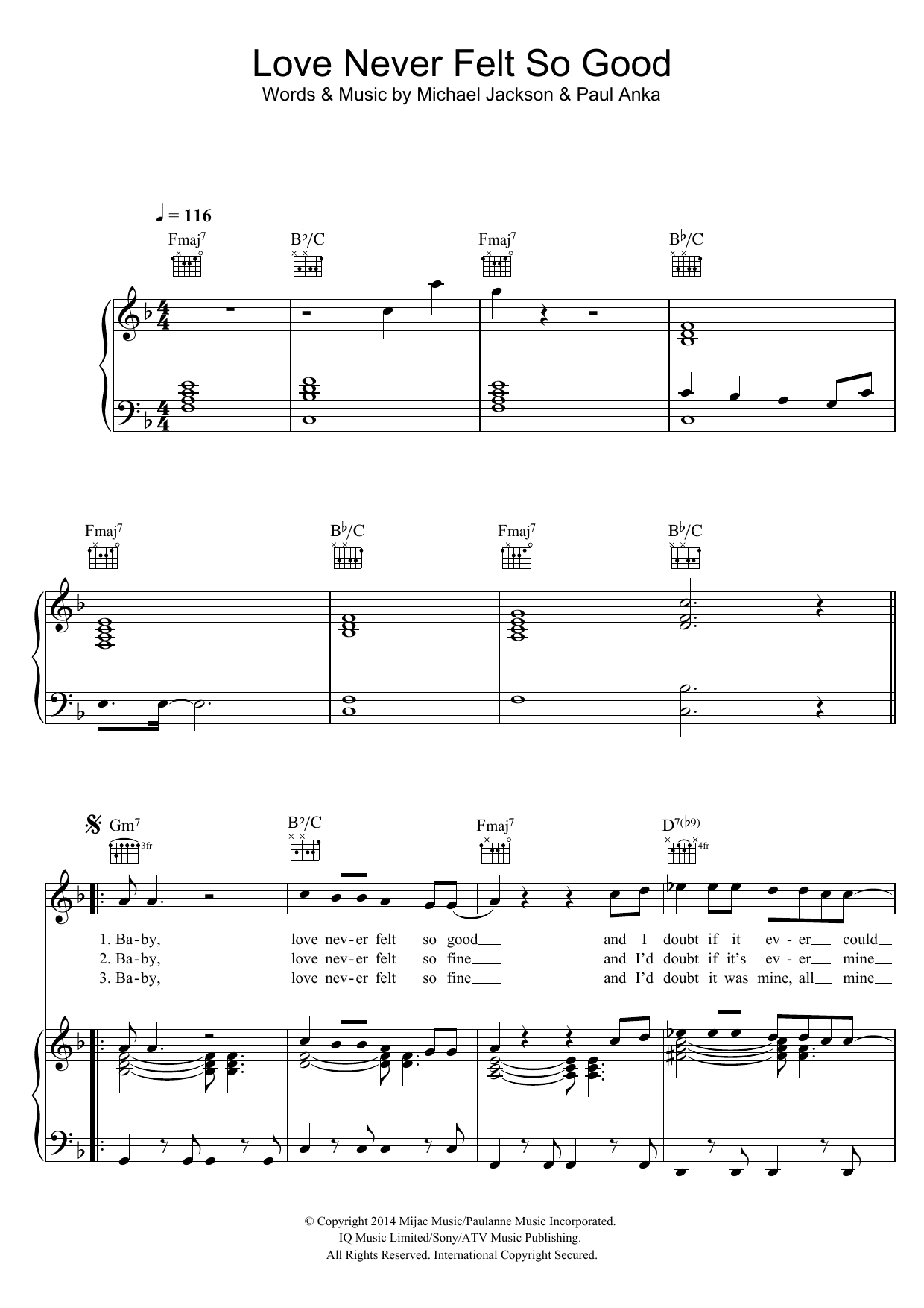 Michael Jackson Love Never Felt So Good Sheet Music Notes & Chords for Piano, Vocal & Guitar (Right-Hand Melody) - Download or Print PDF