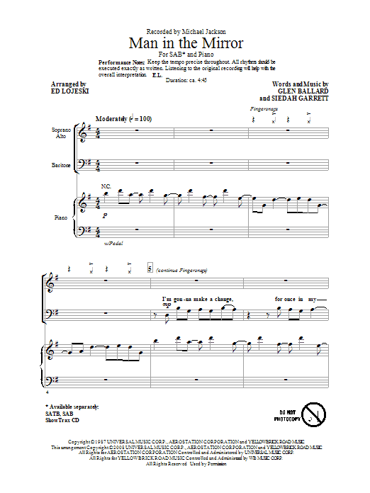 Michael Jackson Man In The Mirror (arr. Ed Lojeski) Sheet Music Notes & Chords for SAB - Download or Print PDF