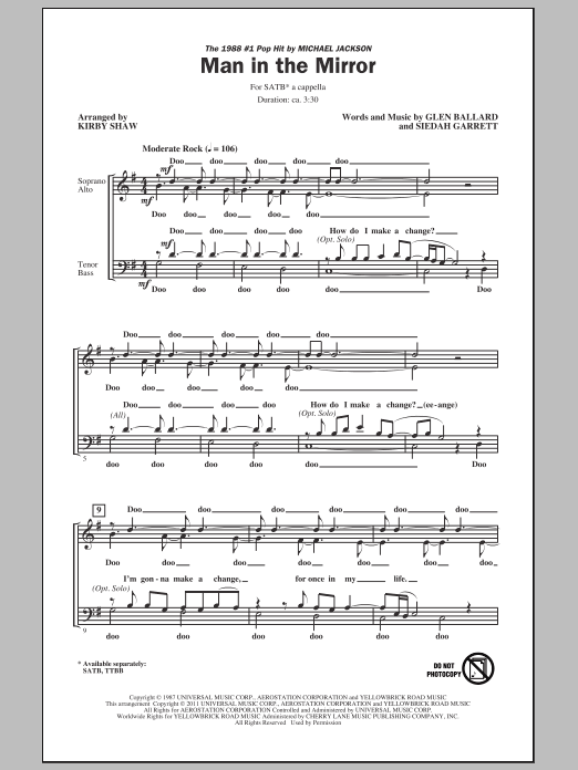 Michael Jackson Man In The Mirror (arr. Kirby Shaw) Sheet Music Notes & Chords for TTBB - Download or Print PDF