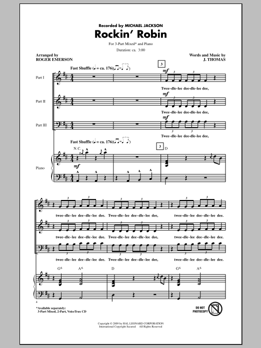 Roger Emerson Rockin' Robin Sheet Music Notes & Chords for 3-Part Mixed - Download or Print PDF Roger Emerson Rockin' Robin Sheet Music Notes & Chords for 3-Part Mixed - Download or Print PDF