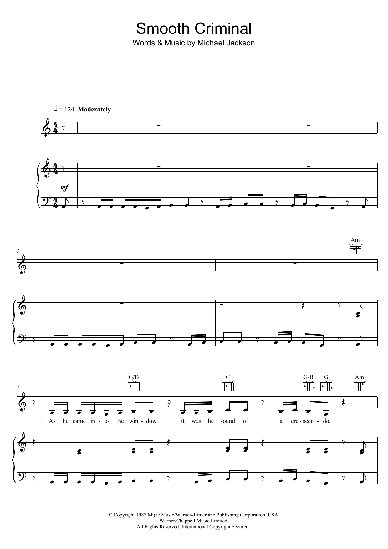 Michael Jackson Smooth Criminal Sheet Music Notes & Chords for Piano, Vocal & Guitar (Right-Hand Melody) - Download or Print PDF